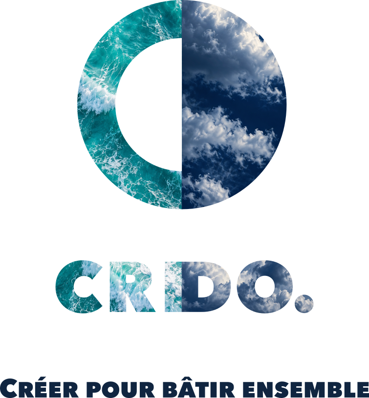CRIDO — Créer pour bâtir ensemble. Logo illustré par l’océan et les nuages.